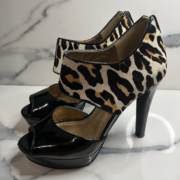 BCBGeneration | Women's Leopard Calf Hair Strappy Peep Toe Harmony Heels Sz 7.5 - Picture 4 of 9